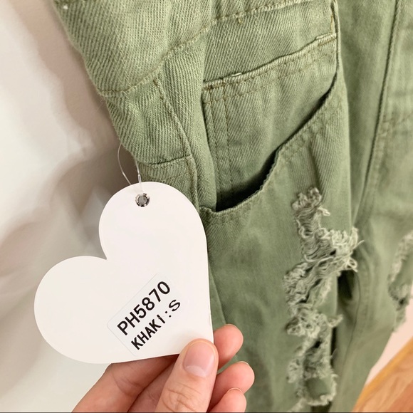 PAPER HEART Olive Denim Distressed Skinny Overalls - Picture 8 of 16